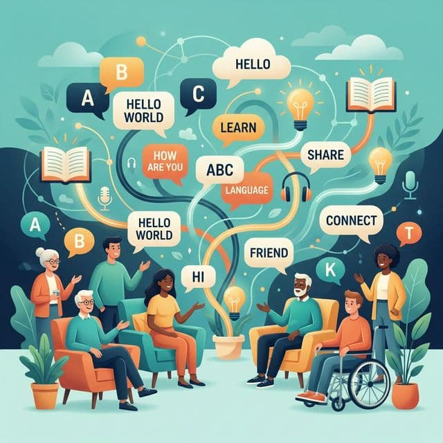 Delepa kursus bahasa Inggris — ilustrasi belajar interaktif